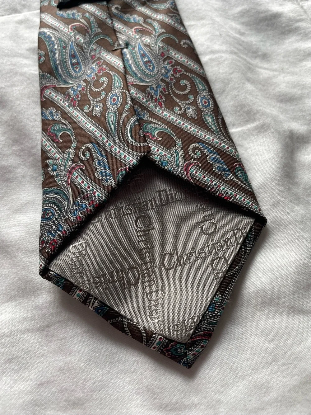 Vintage Dior Silk Brown Teal Paisley Tie Office Work Old Money Heritage Academia